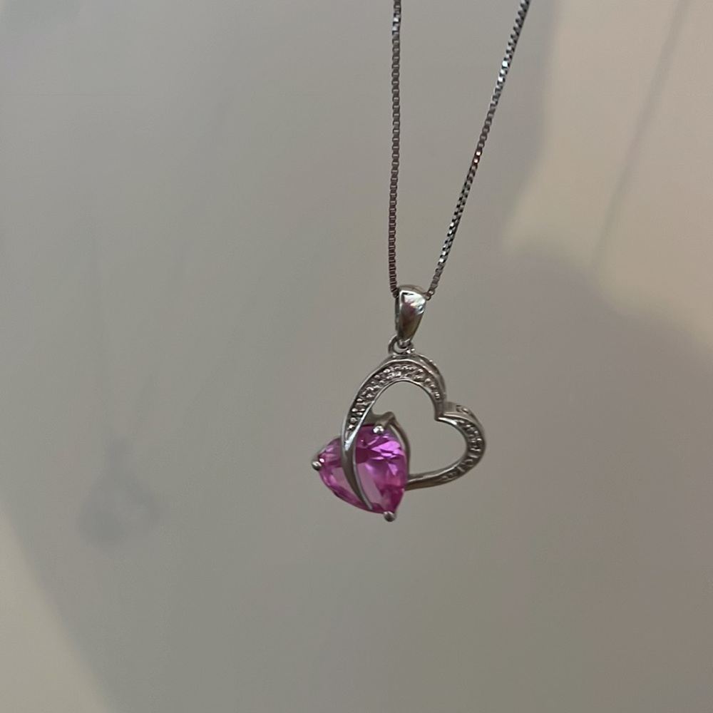 Pink and white sapphire heart-shaped necklace in .925 sterling silver. - Picture 7 of 7